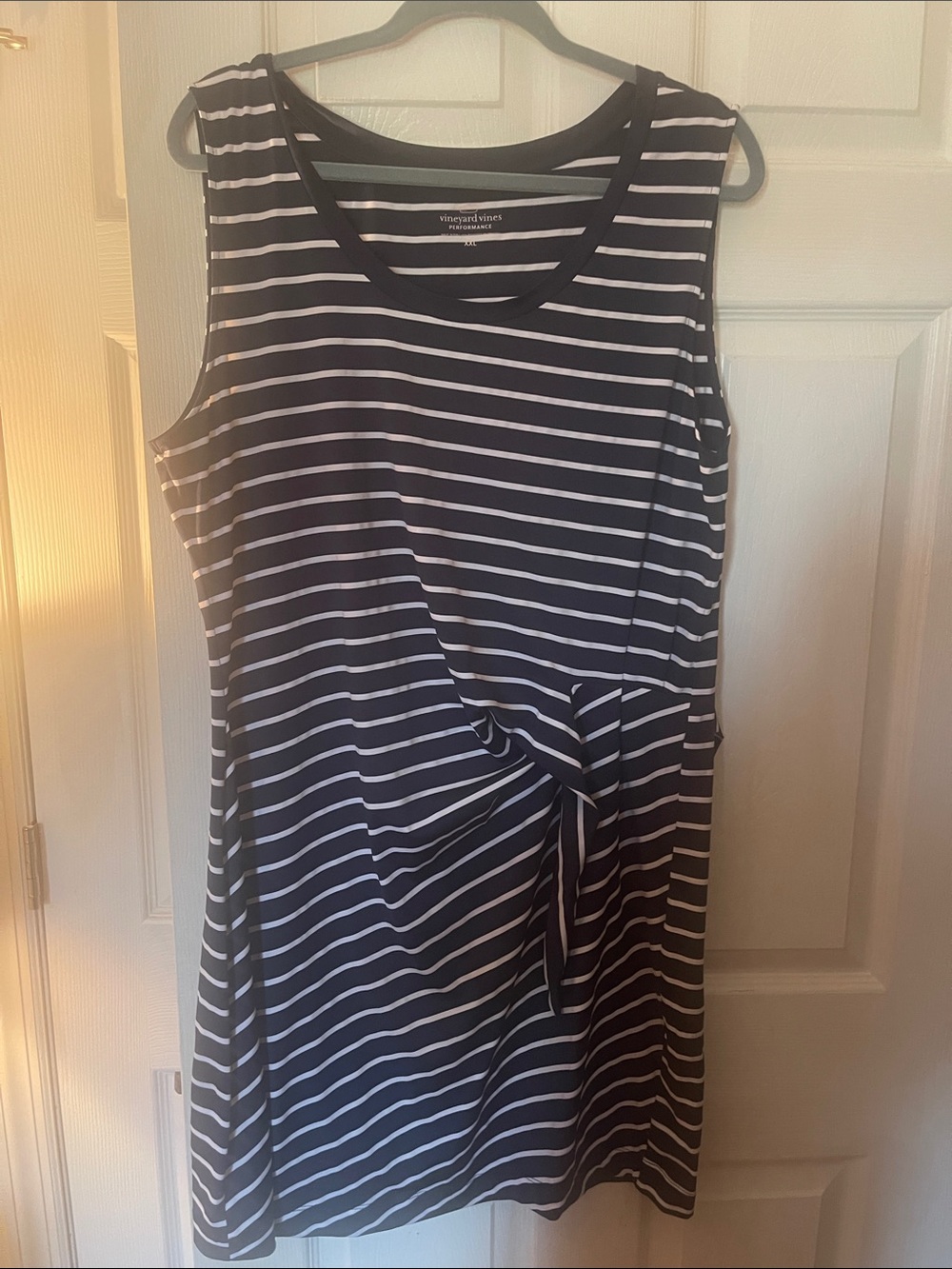 Vineyard Vibes performace Striped Knot-Front Sleeveless Dress, Black & White